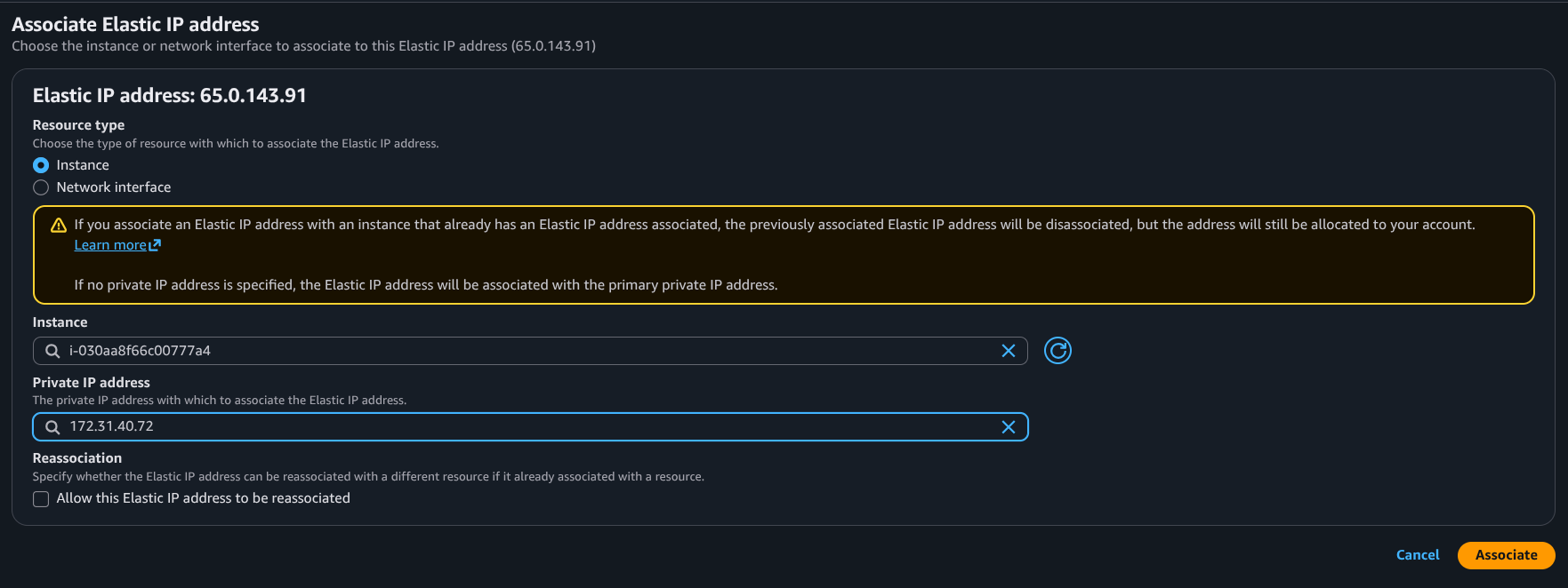 Associate Elastic IP with instance